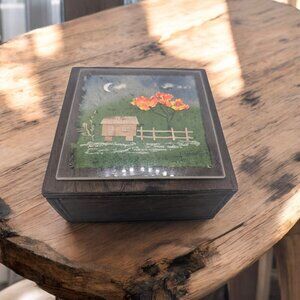 Vintage Wooden Jewelry Box Hand Painted Art under glass Lid Signed- Cottage Scen